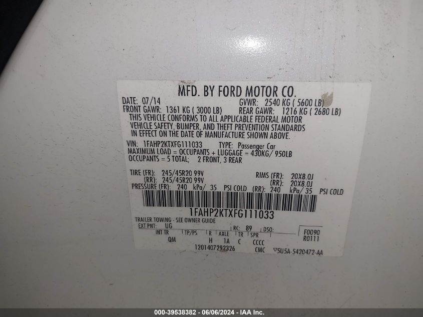 2015 Ford Taurus Sho VIN: 1FAHP2KTXFG111033 Lot: 39538382