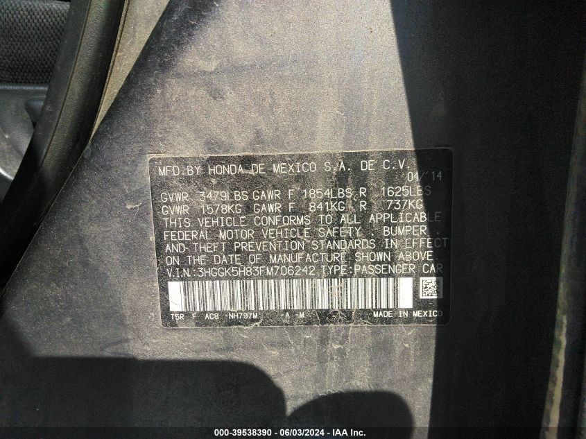 2015 Honda Fit Ex/Ex-L VIN: 3HGGK5H83FM706242 Lot: 39538390