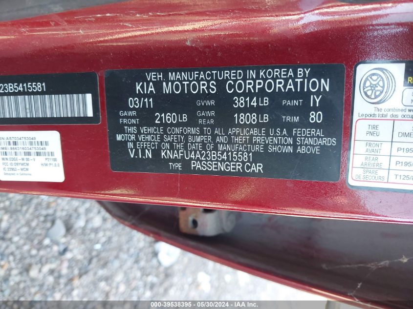 2011 Kia Forte Ex VIN: KNAFU4A23B5415581 Lot: 39538395