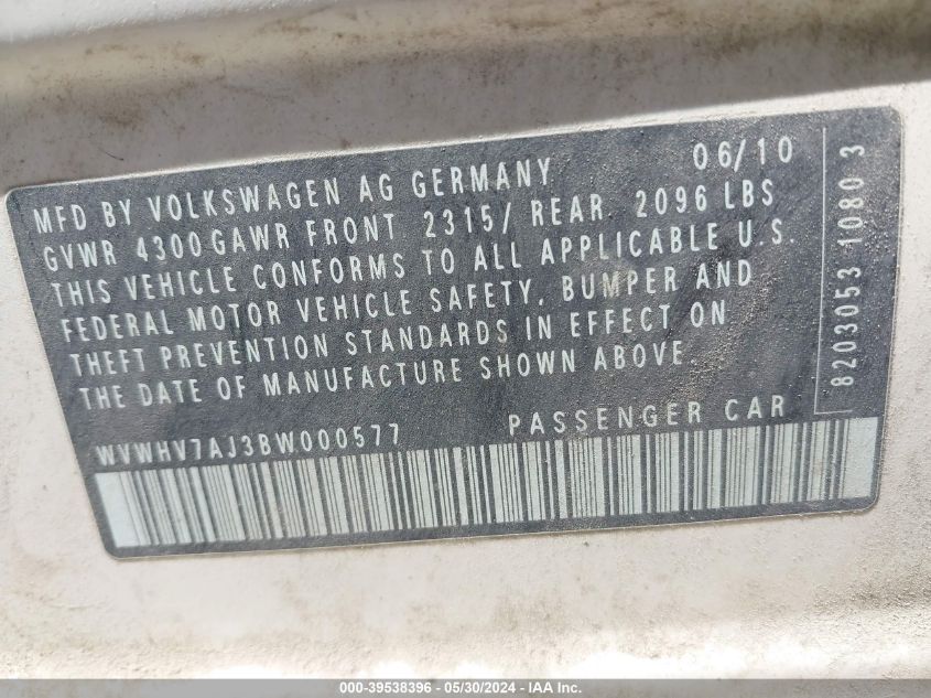 2011 Volkswagen Gti 4-Door/4-Door Autobahn VIN: WVWHV7AJ3BW000577 Lot: 39538396