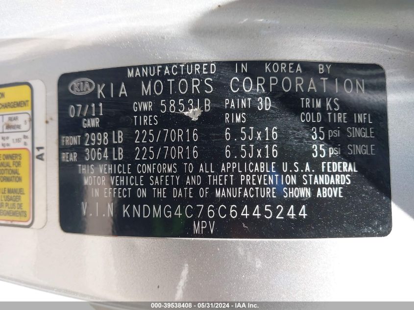 2012 Kia Sedona Lx VIN: KNDMG4C76C6445244 Lot: 39538408