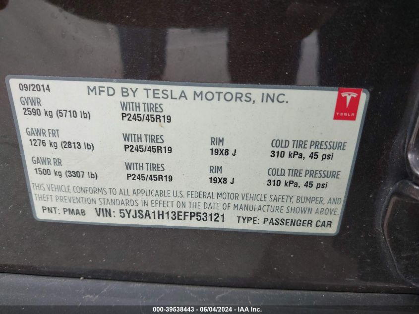 2014 Tesla Model S P85 VIN: 5YJSA1H13EFP53121 Lot: 39538443