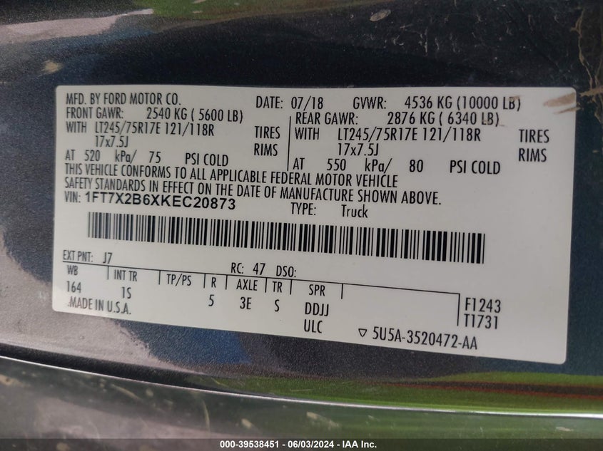 2019 Ford F-250 Xl VIN: 1FT7X2B6XKEC20873 Lot: 39538451