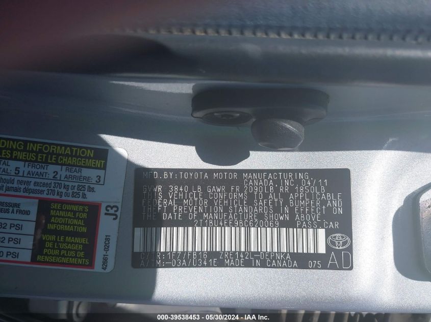 2011 Toyota Corolla Le VIN: 2T1BU4EE9BC620069 Lot: 39538453