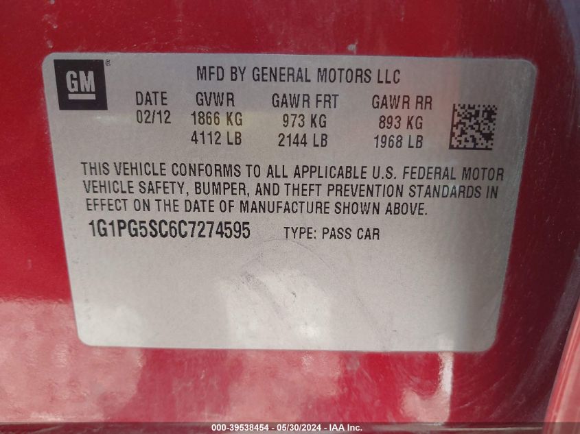 2012 Chevrolet Cruze 2Lt VIN: 1G1PG5SC6C7274595 Lot: 39538454