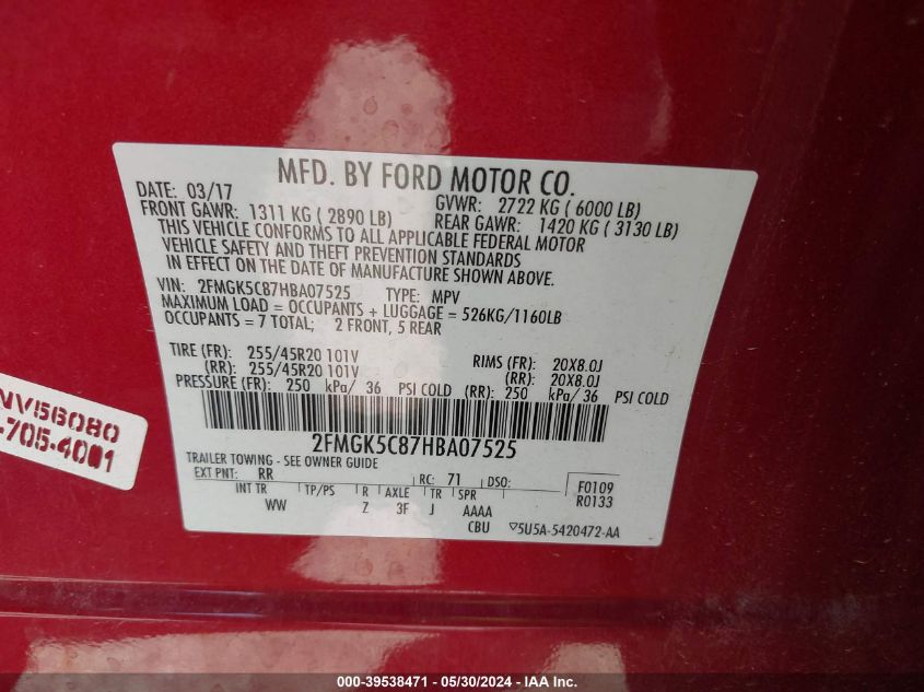 2017 Ford Flex Sel VIN: 2FMGK5C87HBA07525 Lot: 39538471