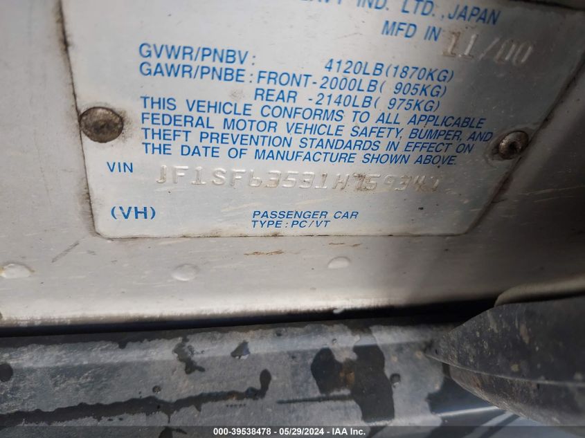 2001 Subaru Forester L VIN: JF1SF63531H759347 Lot: 39538478