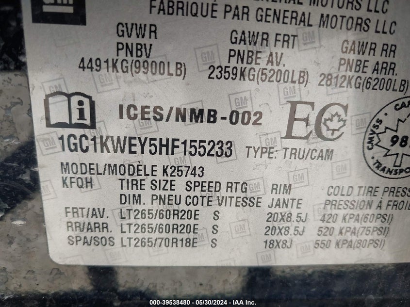 2017 Chevrolet Silverado 2500Hd Ltz VIN: 1GC1KWEY5HF155233 Lot: 39538480