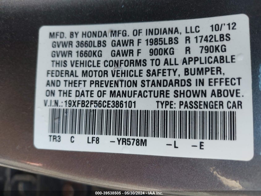 2012 Honda Civic Lx VIN: 19XFB2F56CE386101 Lot: 39538505