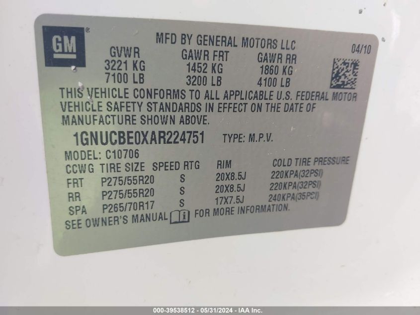 2010 Chevrolet Tahoe Lt VIN: 1GNUCBE0XAR224751 Lot: 39538512
