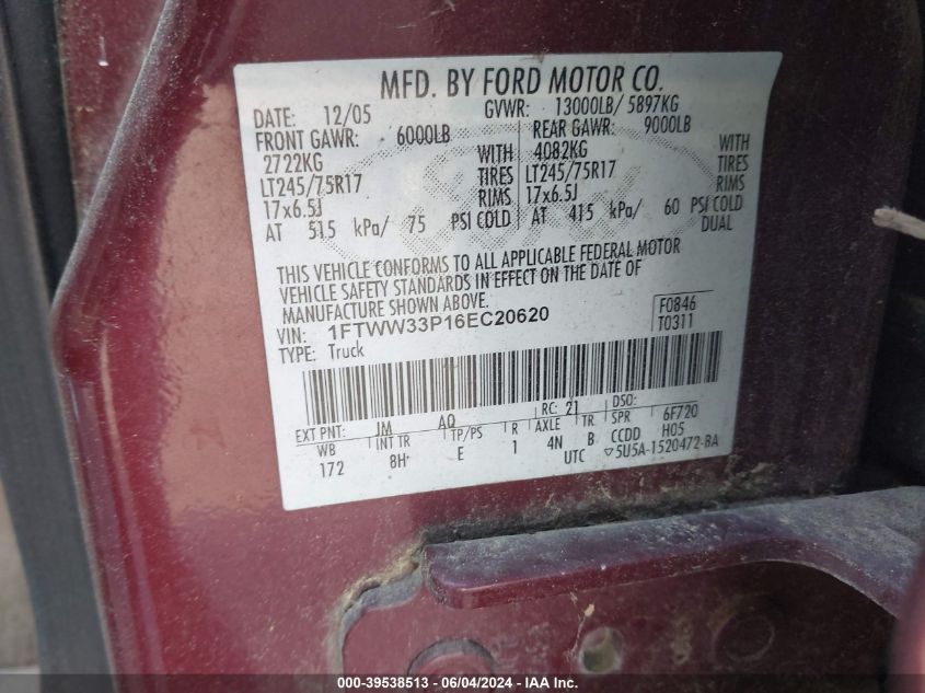 2006 Ford F-350 Lariat/Xl/Xlt VIN: 1FTWW33P16EC20620 Lot: 39538513