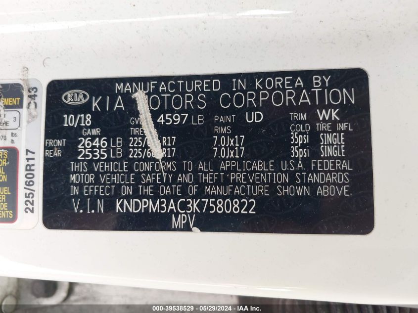 2019 Kia Sportage Lx VIN: KNDPM3AC3K7580822 Lot: 39538529