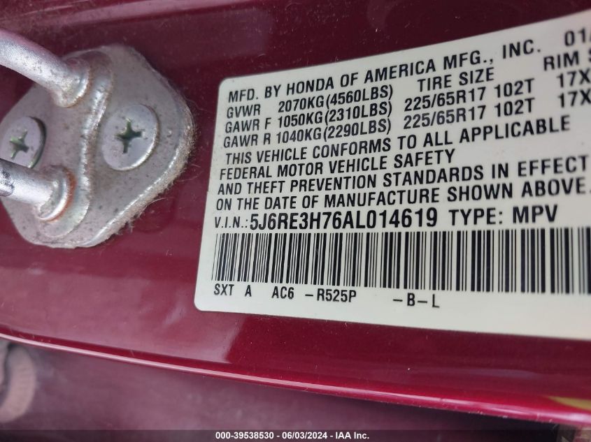 2010 Honda Cr-V Ex-L VIN: 5J6RE3H76AL014619 Lot: 39538530