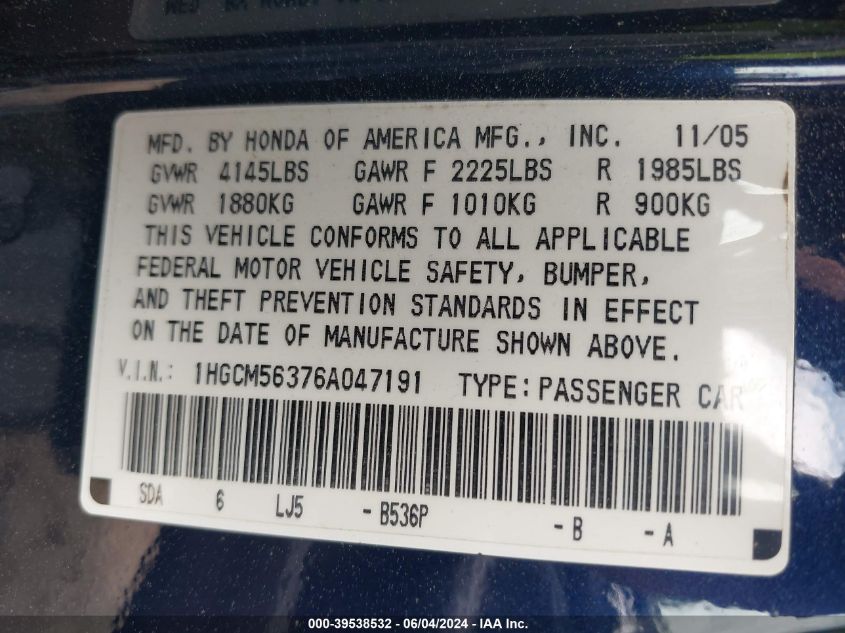 2006 Honda Accord 2.4 Se VIN: 1HGCM56376A047191 Lot: 39538532