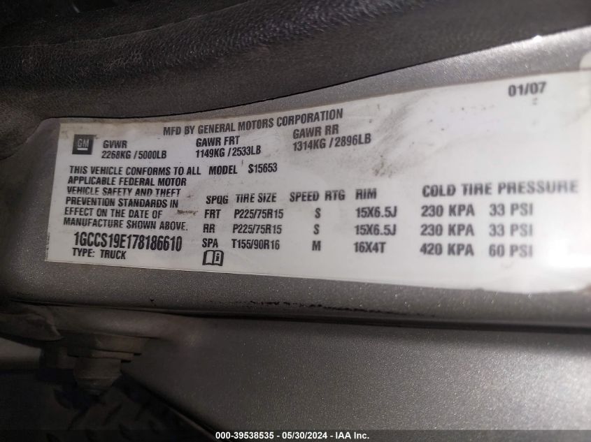 2007 Chevrolet Colorado VIN: 1GCCS19E178186610 Lot: 39538535