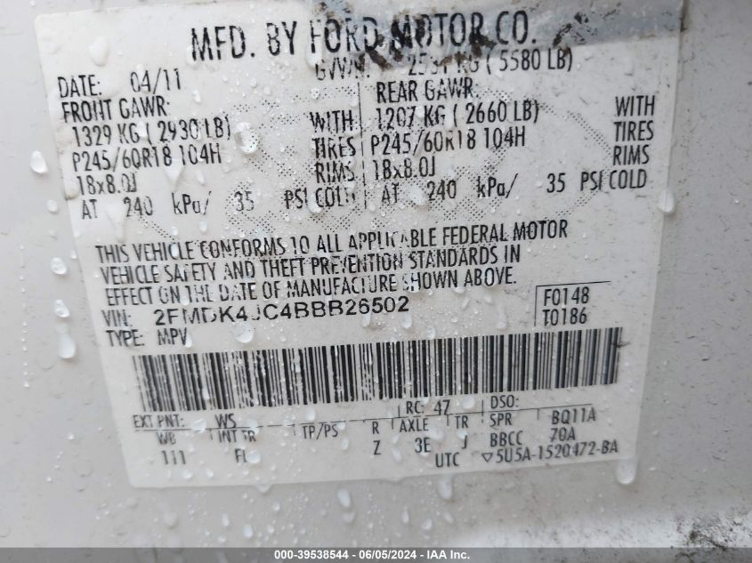 2011 Ford Edge Sel VIN: 2FMDK4JC4BBB26502 Lot: 39538544