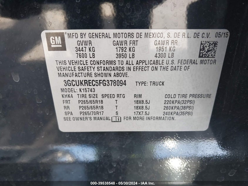 2015 Chevrolet Silverado 1500 1Lt VIN: 3GCUKREC5FG378094 Lot: 39538548