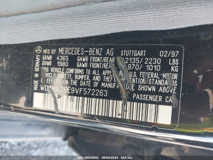 1997 Mercedes-Benz C 280 VIN: WDBHA28E9VF572263 Lot: 39538552