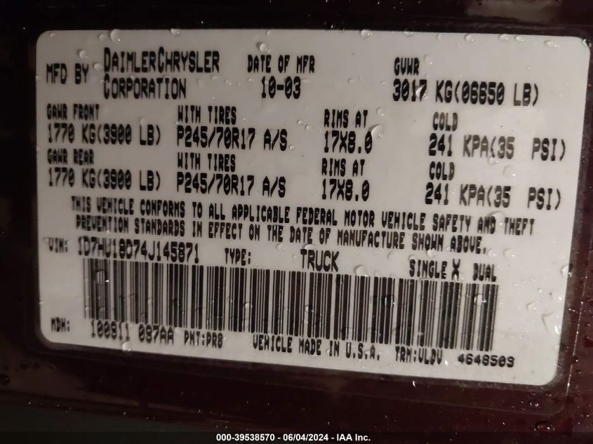 2004 Dodge Ram 1500 Slt/Laramie VIN: 1D7HU18D74J145871 Lot: 39538570