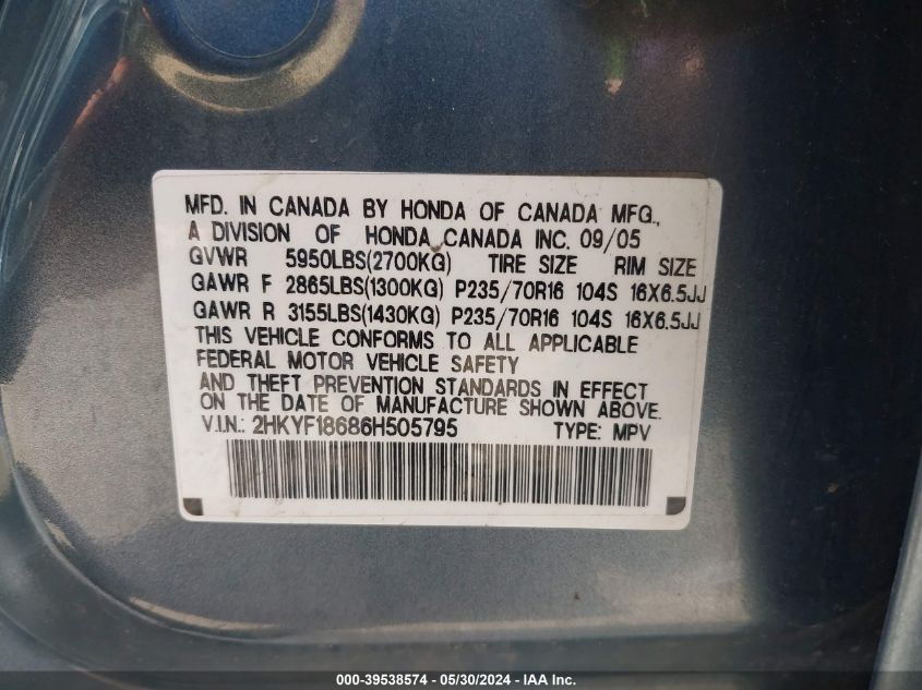 2006 Honda Pilot Ex-L VIN: 2HKYF18686H505795 Lot: 39538574