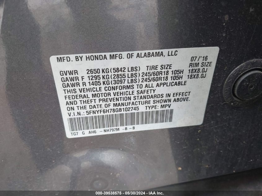 2016 Honda Pilot Ex-L VIN: 5FNYF6H78GB102745 Lot: 39538575