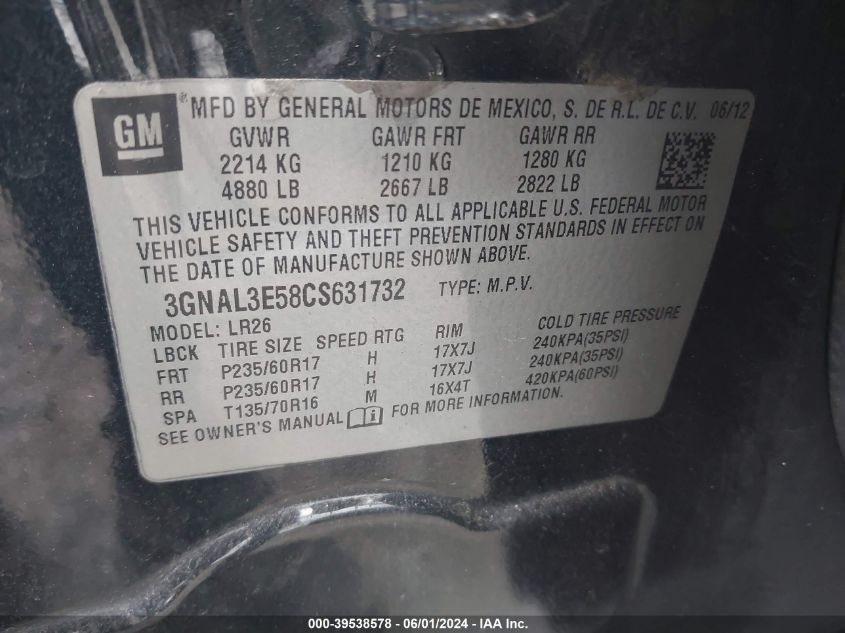 2012 Chevrolet Captiva Sport Lt VIN: 3GNAL3E58CS631732 Lot: 39538578
