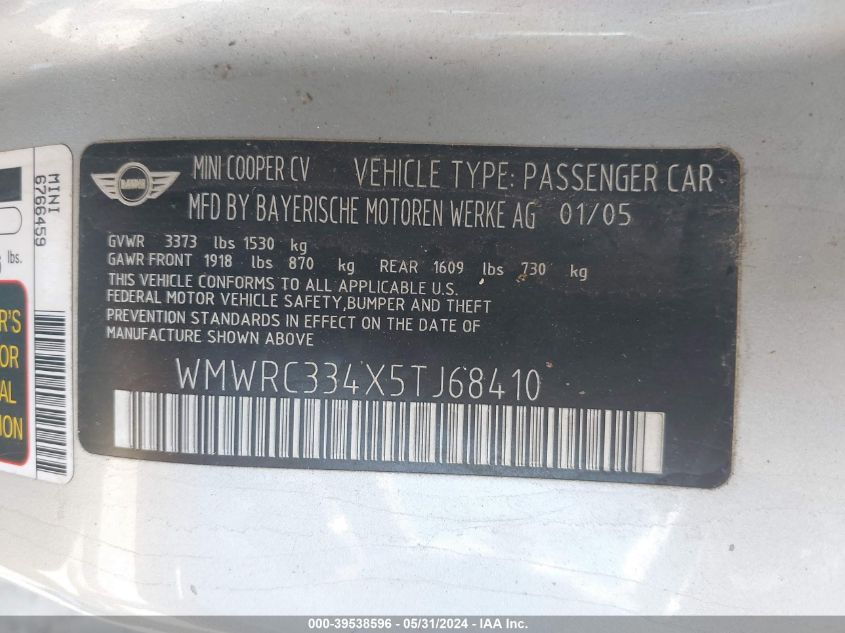 2005 Mini Cooper VIN: WMWRC334X5TJ68410 Lot: 39538596