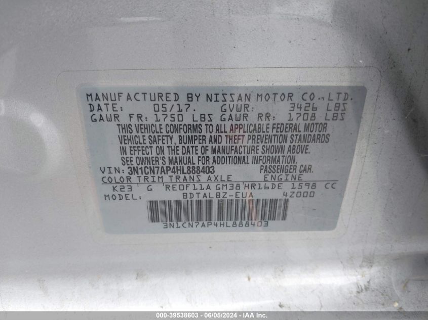 2017 Nissan Versa S/S Plus/Sv/Sl VIN: 3N1CN7AP4HL888403 Lot: 39538603