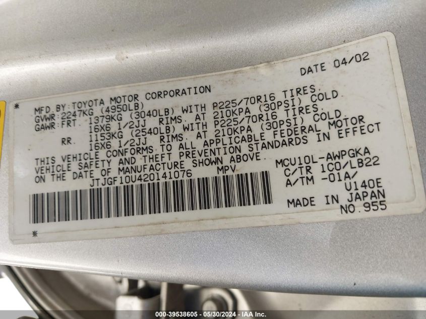 2002 Lexus Rx 300 VIN: JTJGF10U420141076 Lot: 39538605