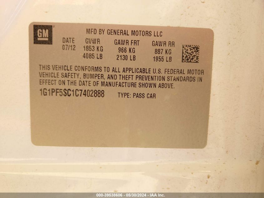 2012 Chevrolet Cruze 1Lt VIN: 1G1PF5SC1C7402888 Lot: 39538606