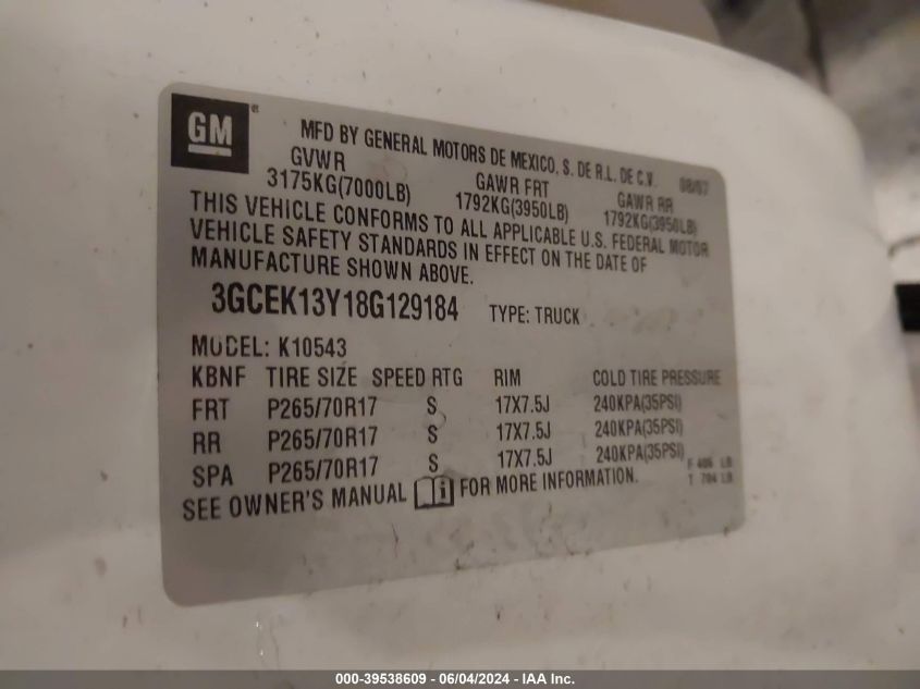 2008 Chevrolet Silverado 1500 Ltz VIN: 3GCEK13Y18G129184 Lot: 39538609