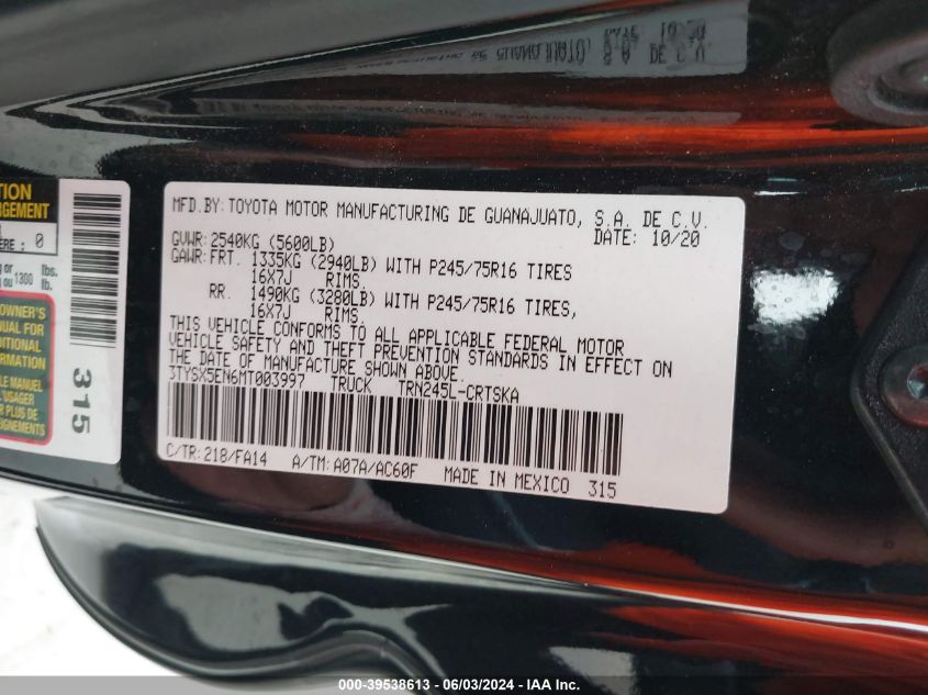 2021 Toyota Tacoma Sr VIN: 3TYSX5EN6MT003997 Lot: 39538613