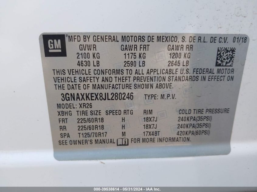 2018 Chevrolet Equinox Lt VIN: 3GNAXKEX8JL280246 Lot: 39538614