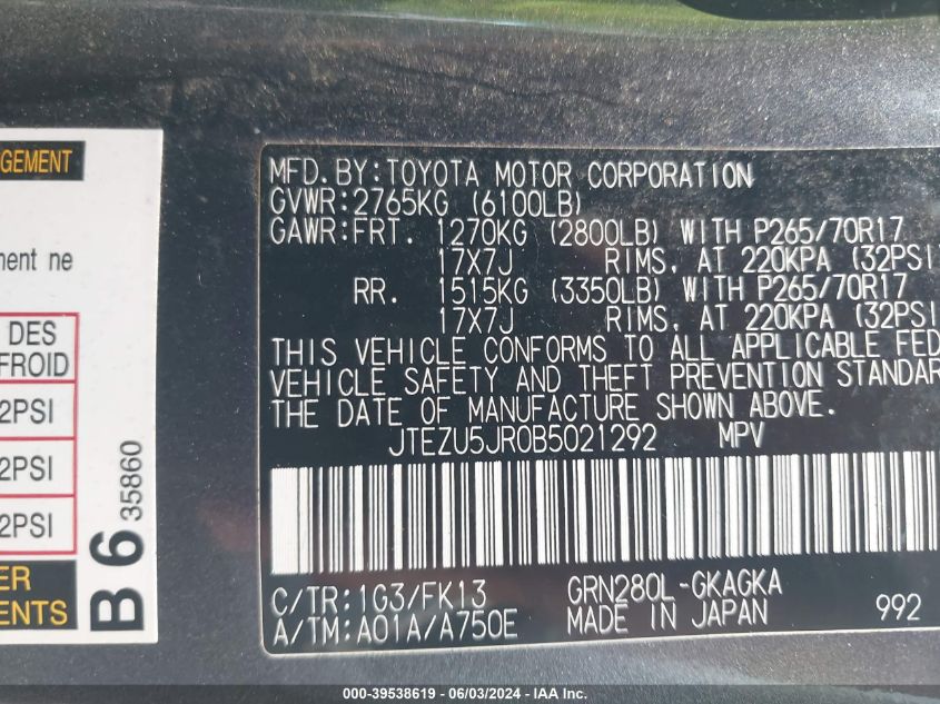 2011 Toyota 4Runner Sr5 V6 VIN: JTEZU5JR0B5021292 Lot: 39538619