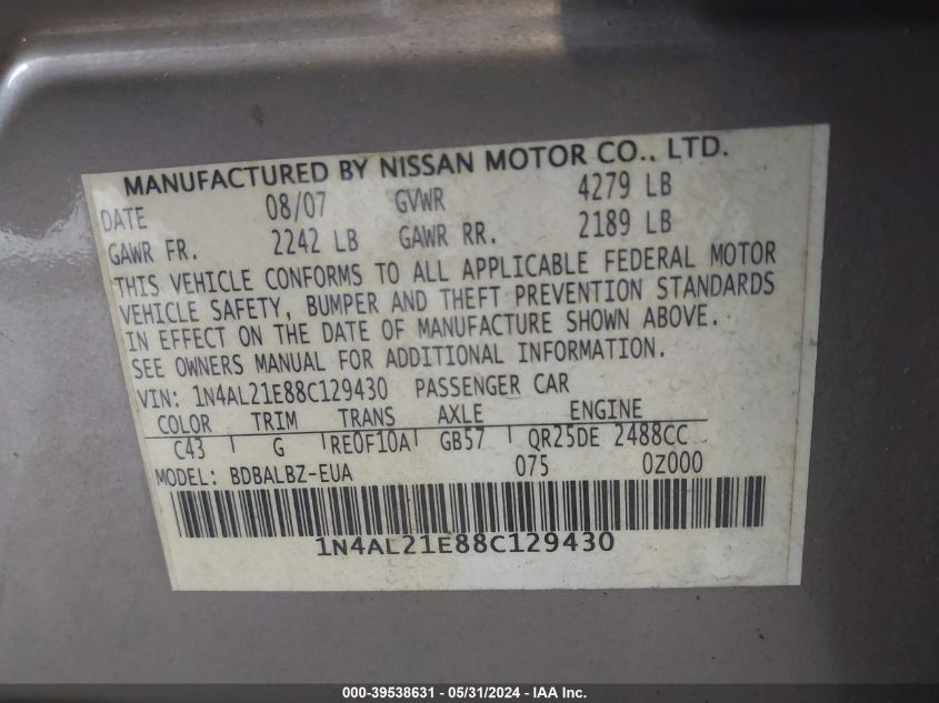2008 Nissan Altima 2.5 S VIN: 1N4AL21E88C129430 Lot: 39538631