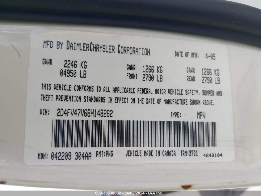 2006 Dodge Magnum VIN: 2D4FV47V66H148262 Lot: 39538632