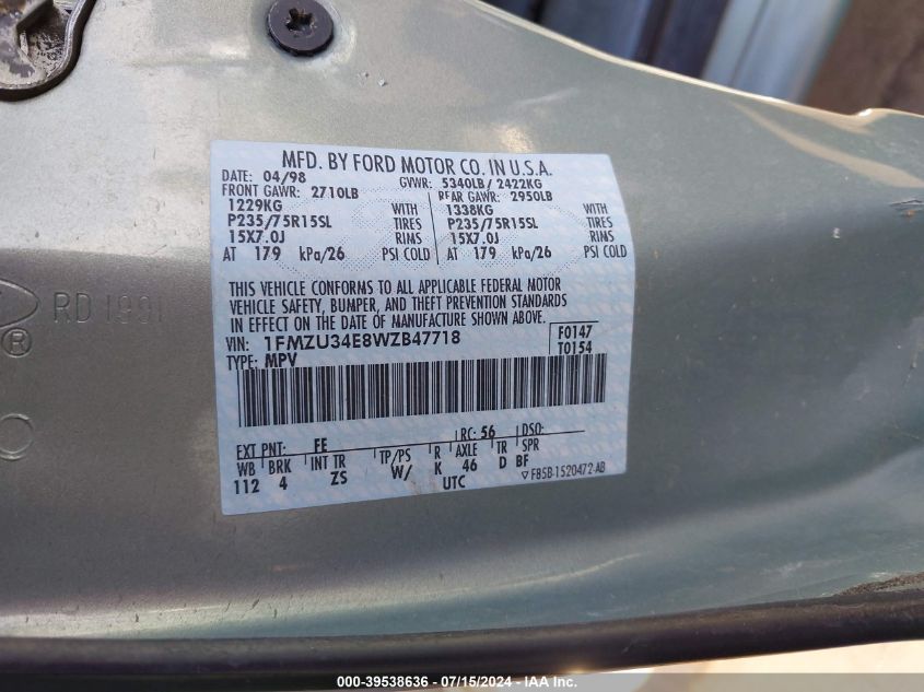 1998 Ford Explorer Eddie Bauer/Limited/Xl/Xlt VIN: 1FMZU34E8WZB47718 Lot: 39538636