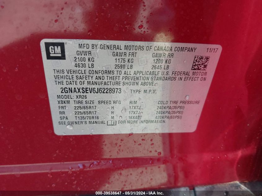 2018 Chevrolet Equinox Lt VIN: 2GNAXSEV6J6228973 Lot: 39538647