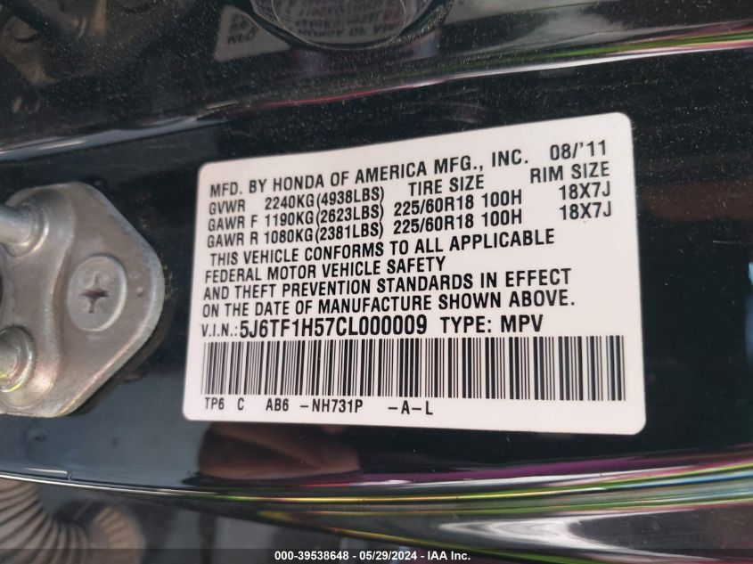 2012 Honda Crosstour Ex-L VIN: 5J6TF1H57CL000009 Lot: 39538648