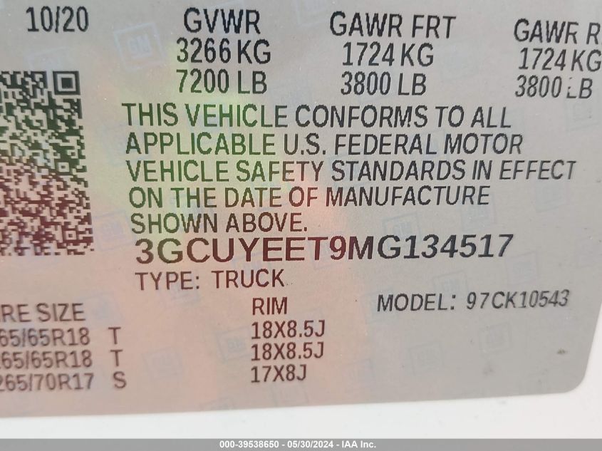 2021 Chevrolet Silverado 1500 4Wd Short Bed Rst VIN: 3GCUYEET9MG134517 Lot: 39538650