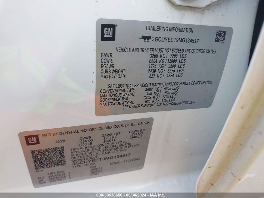 2021 Chevrolet Silverado 1500 4Wd Short Bed Rst VIN: 3GCUYEET9MG134517 Lot: 39538650