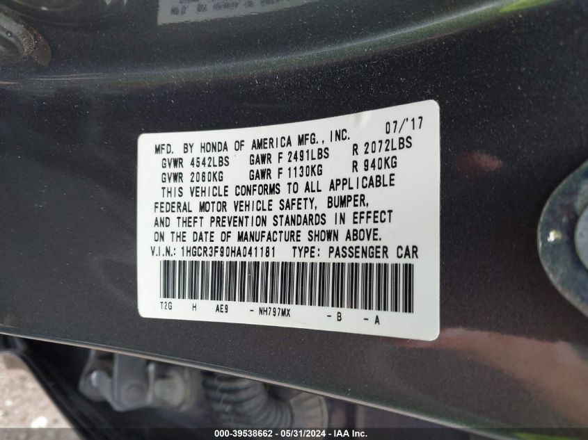 1HGCR3F90HA041181 2017 Honda Accord Touring V6