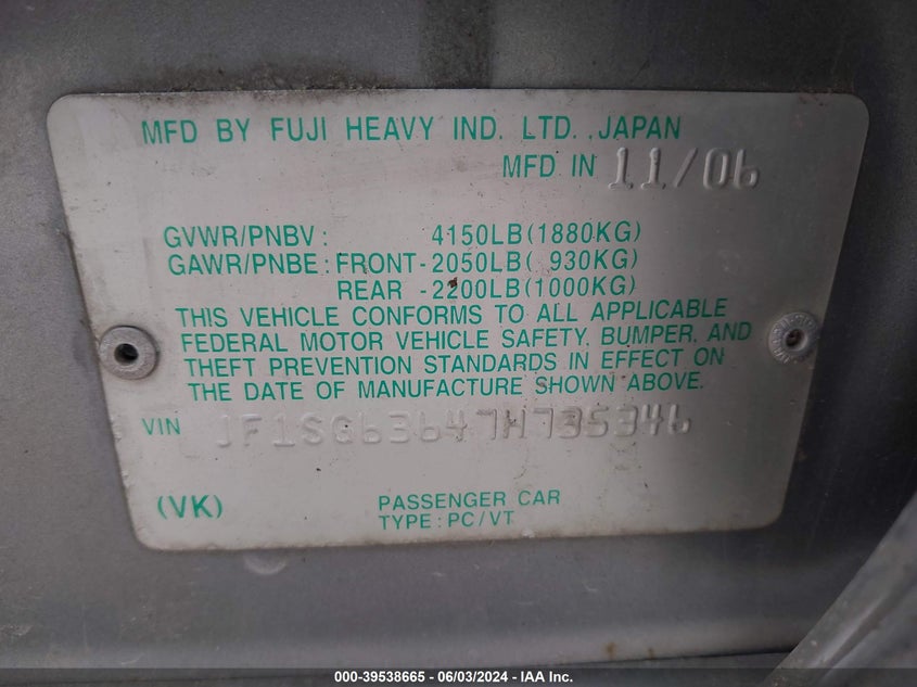 2007 Subaru Forester 2.5X/Sports 2.5X VIN: JF1SG63647H735346 Lot: 39538665