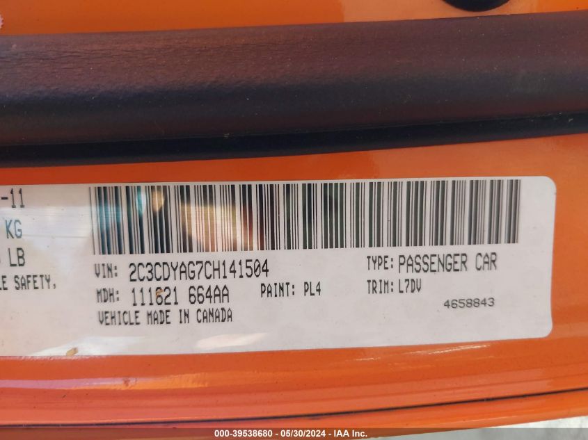 2012 Dodge Challenger Sxt VIN: 2C3CDYAG7CH141504 Lot: 39538680
