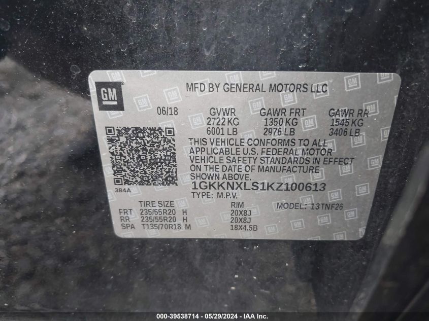 1GKKNXLS1KZ100613 2019 GMC Acadia Denali