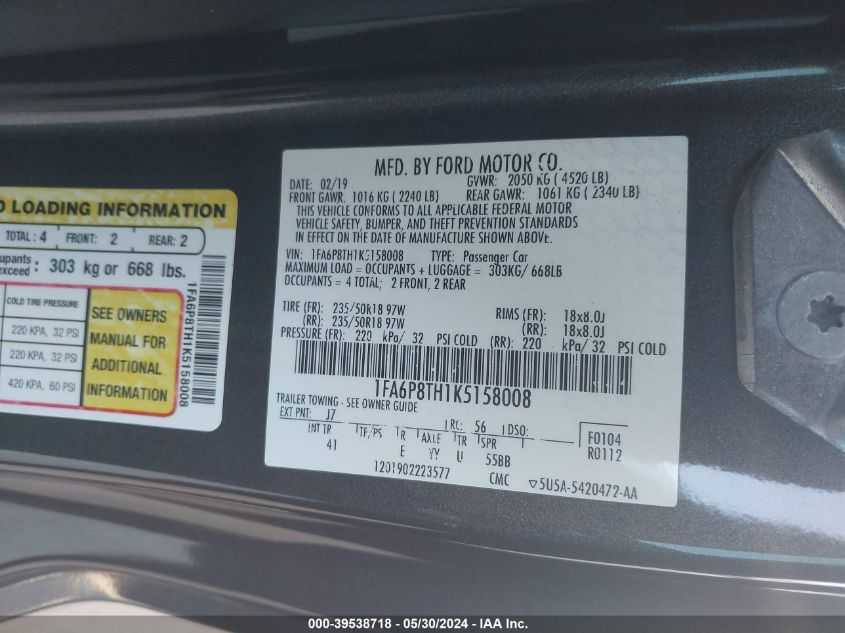 2019 Ford Mustang Ecoboost Premium VIN: 1FA6P8TH1K5158008 Lot: 39538718