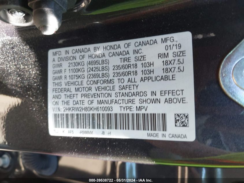 2019 Honda Cr-V Ex-L VIN: 2HKRW2H80KH610093 Lot: 39538722