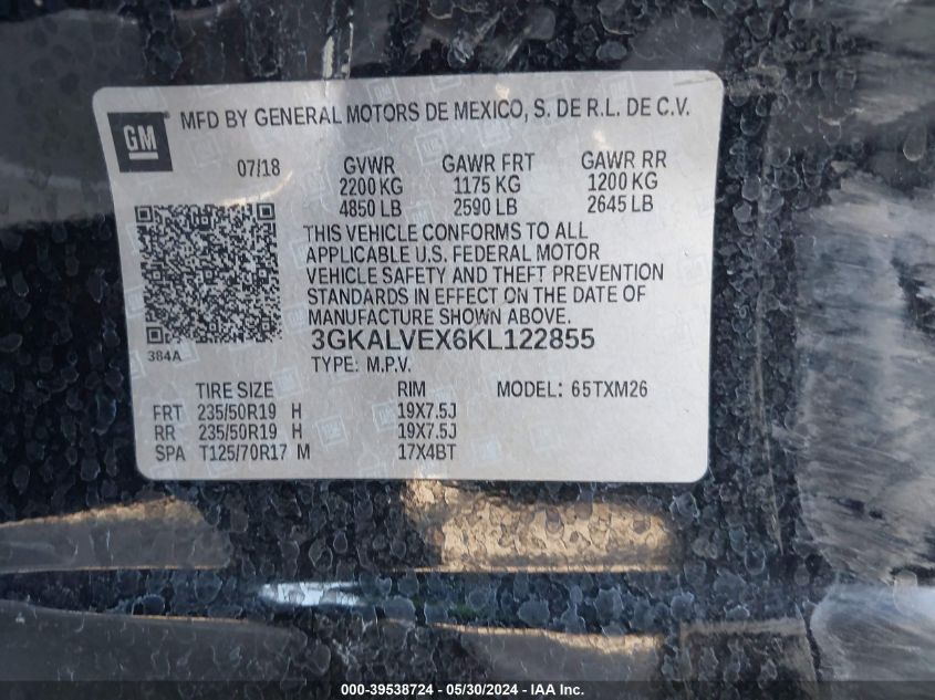 2019 GMC Terrain Slt VIN: 3GKALVEX6KL122855 Lot: 39538724