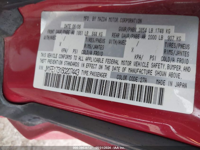2006 Mazda Rx-8 6-Speed Sport Automatic VIN: JM1FE173160207443 Lot: 39538727
