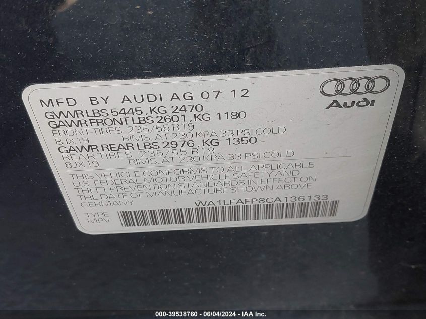 2012 Audi Q5 2.0T Premium VIN: WA1LFAFP8CA136133 Lot: 39538760